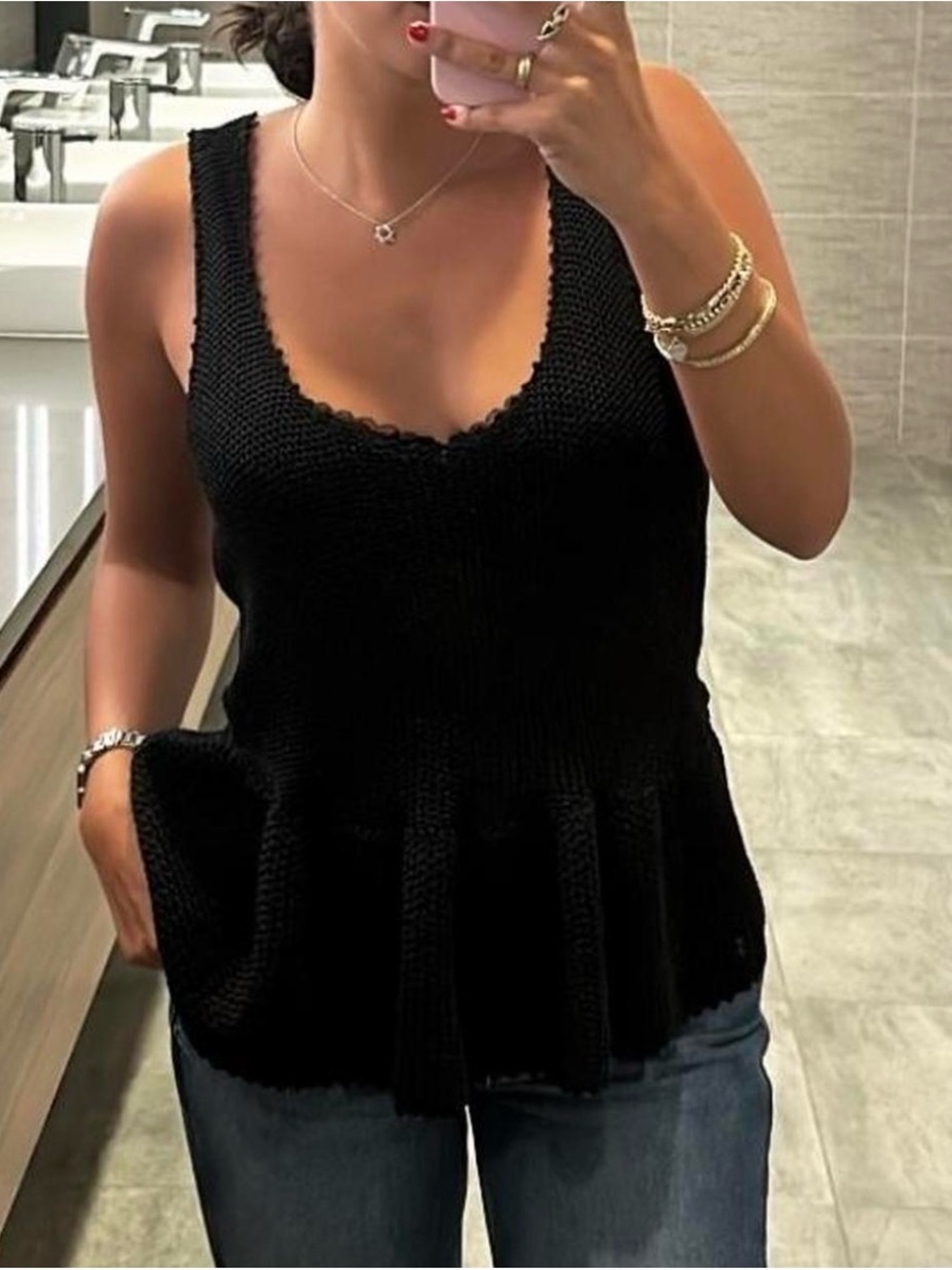 Black Knit Peplum Scoop Tank Top